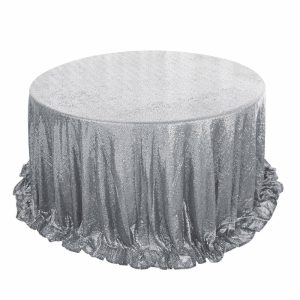 Sequin & Shimmer |  132″ Silver Seamless Premium Sequin Round Tablecloth, Sparkly Tablecloth for 6 Foot Table With Floor-Length Drop