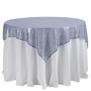 Sequin & Shimmer |  60″x60″ Duchess Sequin Tablecloth Overlay, Square Table Overlay – Dusty Blue