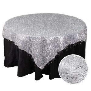 Sequin & Shimmer |  72″ Silver Metallic Fringe Shag Tinsel Square Polyester Table Overlay