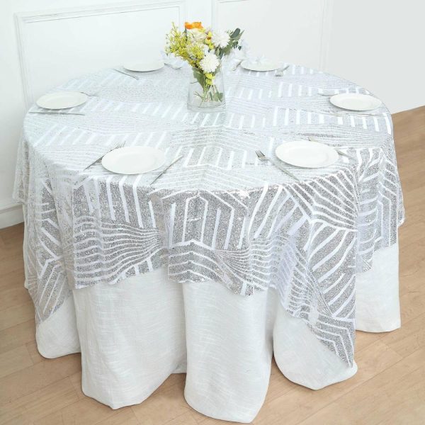 Sequin & Shimmer |  72″ Square Silver Diamond Glitz Sequin Table Overlay Topper