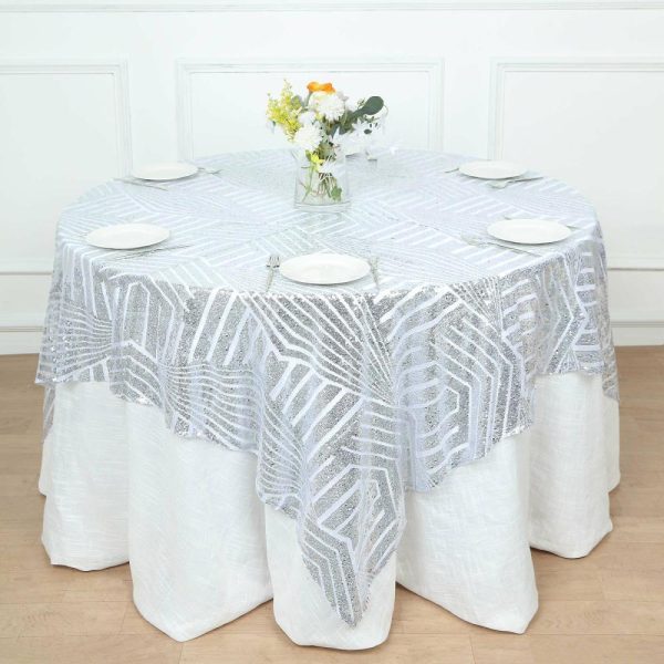 Sequin & Shimmer |  72″ Square Silver Diamond Glitz Sequin Table Overlay Topper