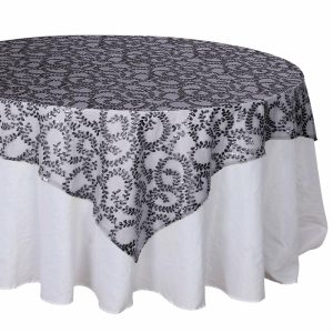 Sequin & Shimmer |  72″x72″ Black Sequin Leaf Embroidered Seamless Tulle Table Overlay, Square Sheer Table Topper