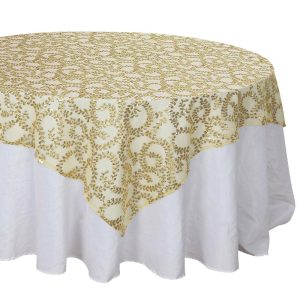 Sequin & Shimmer |  72″x72″ Gold Sequin Leaf Embroidered Seamless Tulle Table Overlay, Square Sheer Table Topper