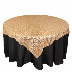 Sequin & Shimmer |  72″x72″ Gold Wave Mesh Square Table Overlay With Embroidered Sequins