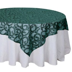 Sequin & Shimmer |  72″x72″ Hunter Emerald Green Sequin Leaf Embroidered Seamless Tulle Table Overlay, Square Sheer Table Topper