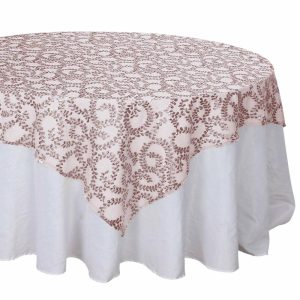 Sequin & Shimmer |  72″x72″ Rose Gold Sequin Leaf Embroidered Seamless Tulle Table Overlay, Square Sheer Table Topper