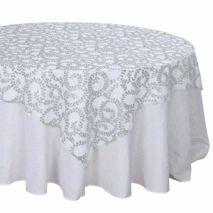 Sequin & Shimmer |  72″x72″ Silver Sequin Leaf Embroidered Seamless Tulle Table Overlay, Square Sheer Table Topper