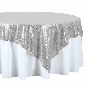 Sequin & Shimmer |  72″x72″ Silver Sequin Sparkly Square Table Overlay