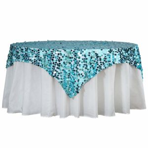 Sequin & Shimmer |  72″x72″ Turquoise Premium Big Payette Sequin Square Table Overlay