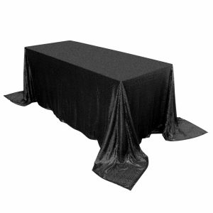 Sequin & Shimmer |  90″x132″ Black Seamless Premium Sequin Rectangle Tablecloth for 6 Foot Table With Floor-Length Drop