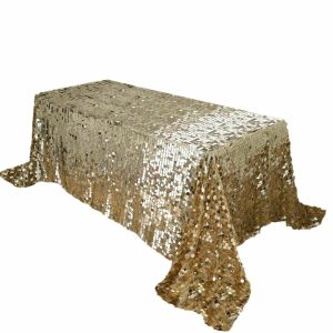 Sequin & Shimmer |  90″x132″ Champagne Seamless Big Payette Sequin Rectangle Tablecloth Premium for 6 Foot Table With Floor-Length Drop