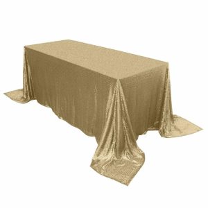 Sequin & Shimmer |  90″x132″ Champagne Seamless Premium Sequin Rectangle Tablecloth for 6 Foot Table With Floor-Length Drop