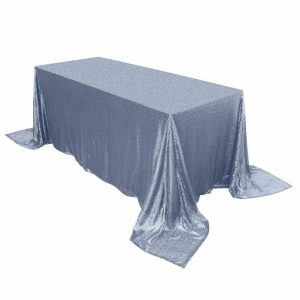 Sequin & Shimmer |  90″x132″ Dusty Blue Seamless Premium Sequin Rectangle Tablecloth for 6 Foot Table With Floor-Length Drop