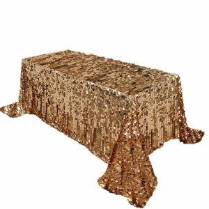 Sequin & Shimmer |  90″x132″ Gold Seamless Big Payette Sequin Rectangle Tablecloth Premium for 6 Foot Table With Floor-Length Drop