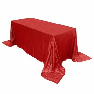 Sequin & Shimmer |  90″x132″ Red Seamless Premium Sequin Rectangle Tablecloth for 6 Foot Table With Floor-Length Drop