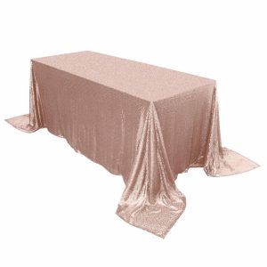 Sequin & Shimmer |  90″x132″ Rose Gold Seamless Premium Sequin Rectangle Tablecloth for 6 Foot Table With Floor-Length Drop