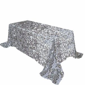 Sequin & Shimmer |  90″x132″ Silver Seamless Big Payette Sequin Rectangle Tablecloth Premium for 6 Foot Table With Floor-Length Drop