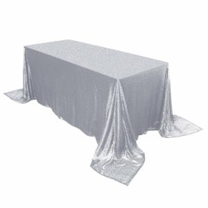 Sequin & Shimmer |  90″x132″ Silver Seamless Premium Sequin Rectangle Tablecloth for 6 Foot Table With Floor-Length Drop