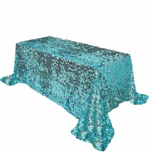 Sequin & Shimmer |  90″x132″ Turquoise Seamless Big Payette Sequin Rectangle Tablecloth for 6 Foot Table With Floor-Length Drop