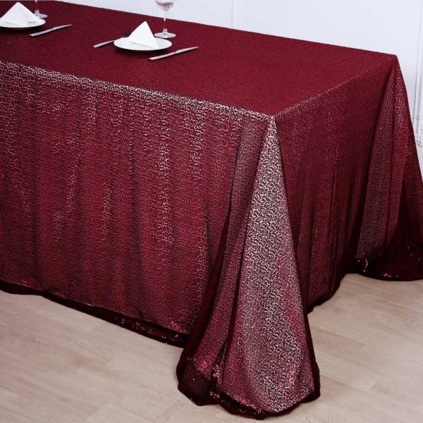 Sequin & Shimmer |  90×156″ Burgundy Seamless Premium Sequin Rectangle Tablecloth for 8 Foot Table With Floor-Length Drop