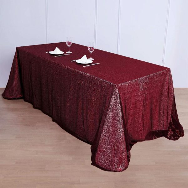 Sequin & Shimmer |  90×156″ Burgundy Seamless Premium Sequin Rectangle Tablecloth for 8 Foot Table With Floor-Length Drop