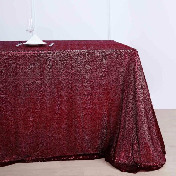 Sequin & Shimmer |  90×156″ Burgundy Seamless Premium Sequin Rectangle Tablecloth for 8 Foot Table With Floor-Length Drop