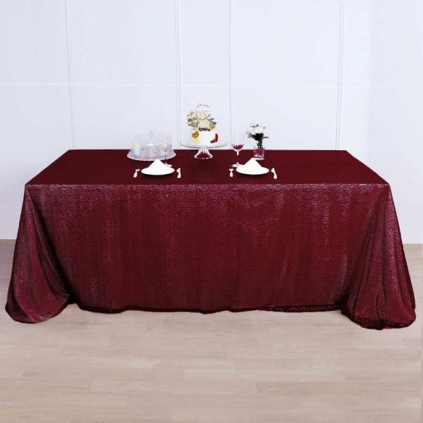 Sequin & Shimmer |  90×156″ Burgundy Seamless Premium Sequin Rectangle Tablecloth for 8 Foot Table With Floor-Length Drop