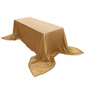 Sequin & Shimmer |  90×156″ Gold Seamless Premium Sequin Rectangle Tablecloth for 8 Foot Table With Floor-Length Drop