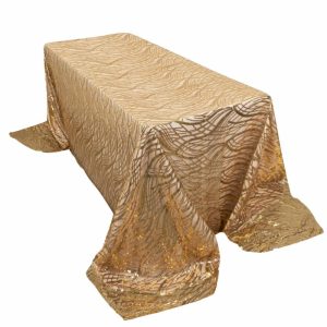 Sequin & Shimmer |  90″x156″ Gold Wave Mesh Rectangular Tablecloth With Embroidered Sequins for 8 Foot Table With Floor-Length Drop