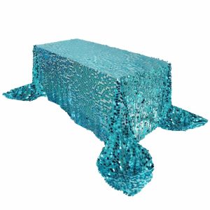 Sequin & Shimmer |  90″x156″ Turquoise Seamless Big Payette Sequin Rectangle Tablecloth Premium for 8 Foot Table With Floor-Length Drop