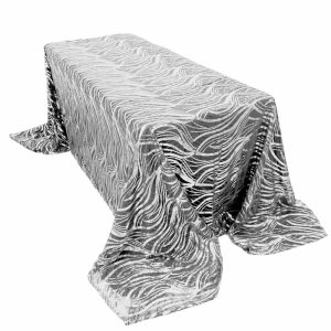 Sequin & Shimmer |  90″x156″ White Black Wave Mesh Rectangular Tablecloth With Embroidered Sequins for 8 Foot Table With Floor-Length Drop