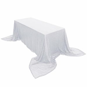 Sequin & Shimmer |  90×156″ White Seamless Premium Sequin Rectangle Tablecloth for 8 Foot Table With Floor-Length Drop