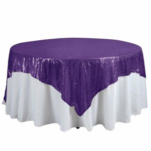 Sequin & Shimmer |  90″x90″ Purple Premium Sequin Square Table Overlay, Sparkly Table Overlay