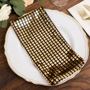 Sequin & Shimmer Napkins |  5 Pack Shiny Black Gold Foil Cloth Dinner Napkins Disco Mirror Ball Theme, Polyester Table Napkins – 20″x20″