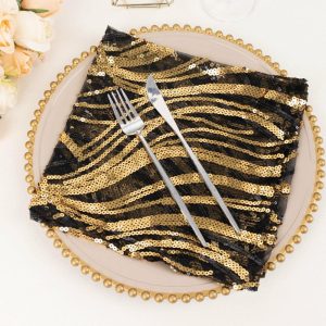 Sequin & Shimmer Napkins |  Black Gold Wave Embroidered Sequin Mesh Dinner Napkin, Reusable Decorative Napkin – 20″x20″