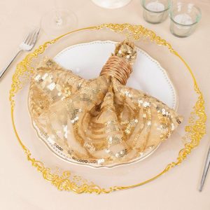 Sequin & Shimmer Napkins |  Champagne Wave Embroidered Sequin Mesh Dinner Napkin, Reusable Decorative Napkin – 20″x20″