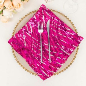 Sequin & Shimmer Napkins |  Fuchsia Silver Wave Embroidered Sequin Mesh Dinner Napkin, Reusable Decorative Napkin – 20″x20″