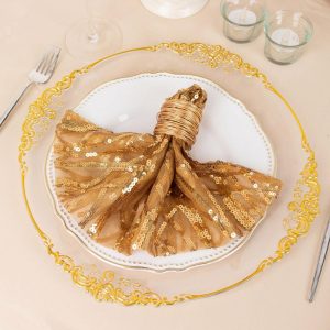 Sequin & Shimmer Napkins |  Gold Wave Embroidered Sequin Mesh Dinner Napkin, Reusable Decorative Napkin – 20″x20″