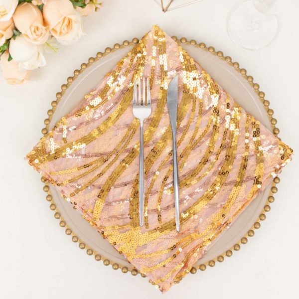 Sequin & Shimmer Napkins |  Rose Gold Wave Embroidered Sequin Mesh Dinner Napkin, Reusable Decorative Napkin – 20″x20″