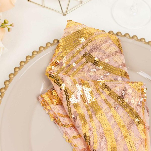 Sequin & Shimmer Napkins |  Rose Gold Wave Embroidered Sequin Mesh Dinner Napkin, Reusable Decorative Napkin – 20″x20″