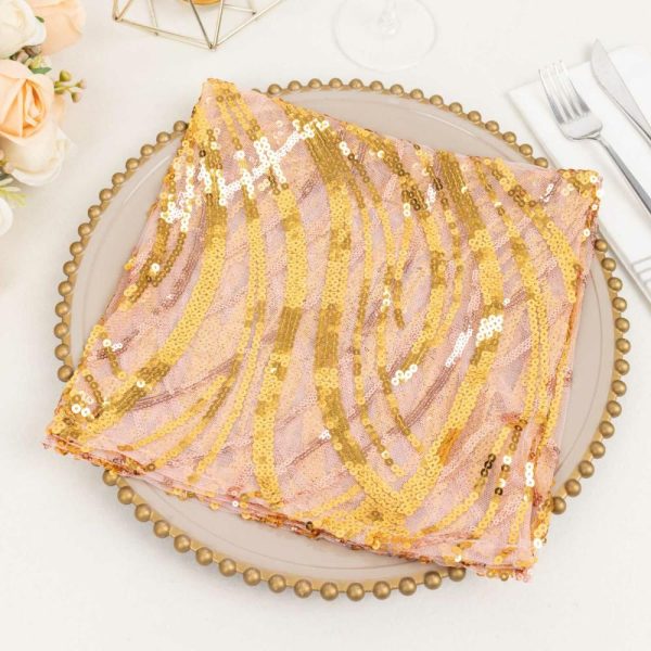 Sequin & Shimmer Napkins |  Rose Gold Wave Embroidered Sequin Mesh Dinner Napkin, Reusable Decorative Napkin – 20″x20″