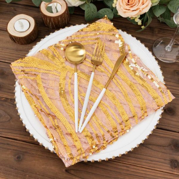 Sequin & Shimmer Napkins |  Rose Gold Wave Embroidered Sequin Mesh Dinner Napkin, Reusable Decorative Napkin – 20″x20″