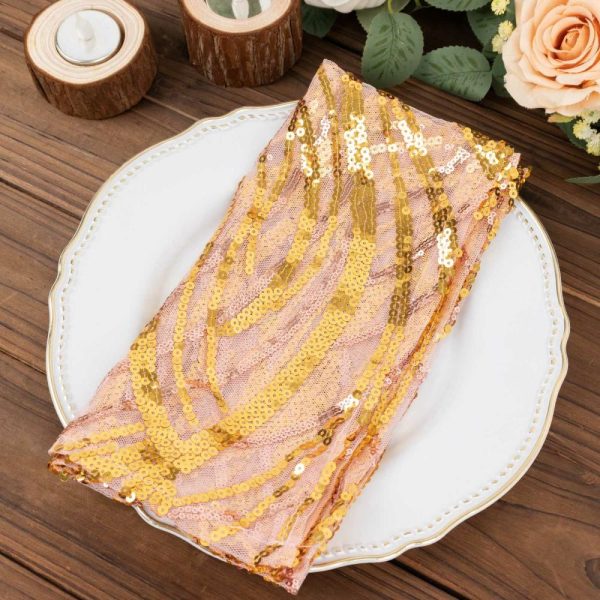 Sequin & Shimmer Napkins |  Rose Gold Wave Embroidered Sequin Mesh Dinner Napkin, Reusable Decorative Napkin – 20″x20″