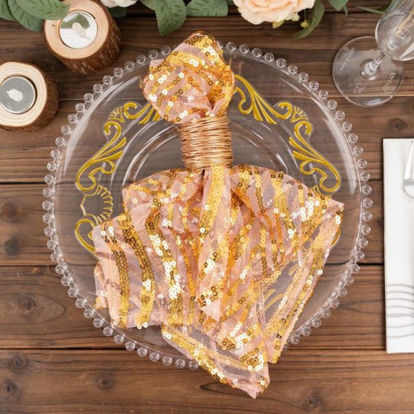 Sequin & Shimmer Napkins |  Rose Gold Wave Embroidered Sequin Mesh Dinner Napkin, Reusable Decorative Napkin – 20″x20″