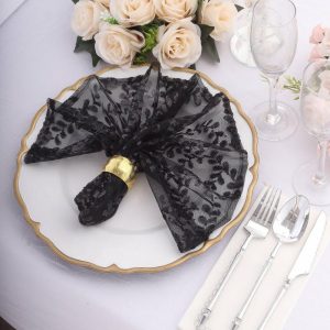 Sequin & Shimmer Napkins |  Sparkly Black Leaf Vine Embroidered Sequin Tulle Cloth Dinner Napkins, Sheer Decorative Napkins