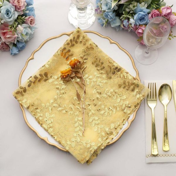 Sequin & Shimmer Napkins |  Sparkly Gold Leaf Vine Embroidered Sequin Tulle Cloth Dinner Napkins, Sheer Decorative Napkins