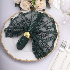 Sequin & Shimmer Napkins |  Sparkly Hunter Emerald Green Leaf Vine Embroidered Sequin Tulle Cloth Dinner Napkins, Sheer Decorative Napkins