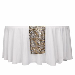 Sequin & Shimmer Runners |  12″x108″ Black Gold Wave Embroidered Sequins Table Runner