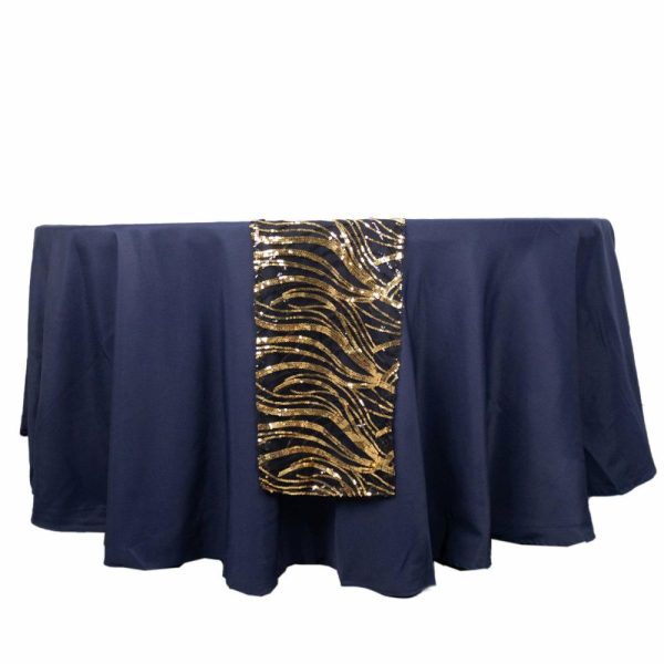 Sequin & Shimmer Runners |  12″x108″ Black Gold Wave Embroidered Sequins Table Runner