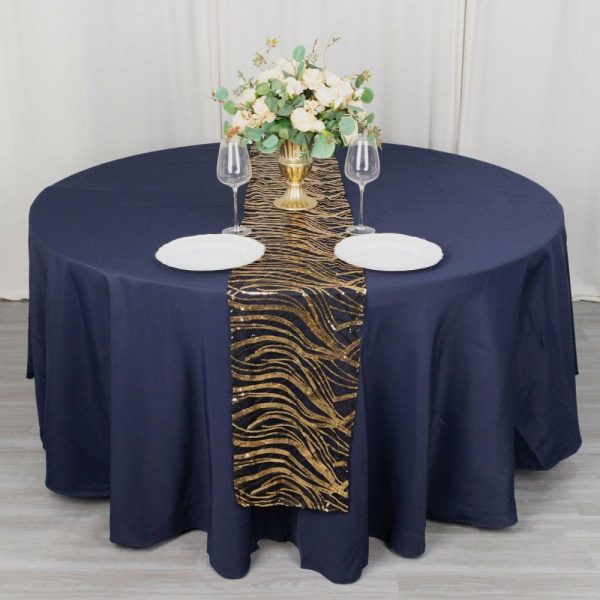 Sequin & Shimmer Runners |  12″x108″ Black Gold Wave Embroidered Sequins Table Runner